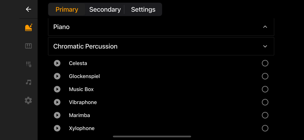 Mini Piano Pro - Instrumentenauswahlmenü in Mini Piano Pro mit chromatischen Perkussionsoptionen wie Marimba und Xylophon