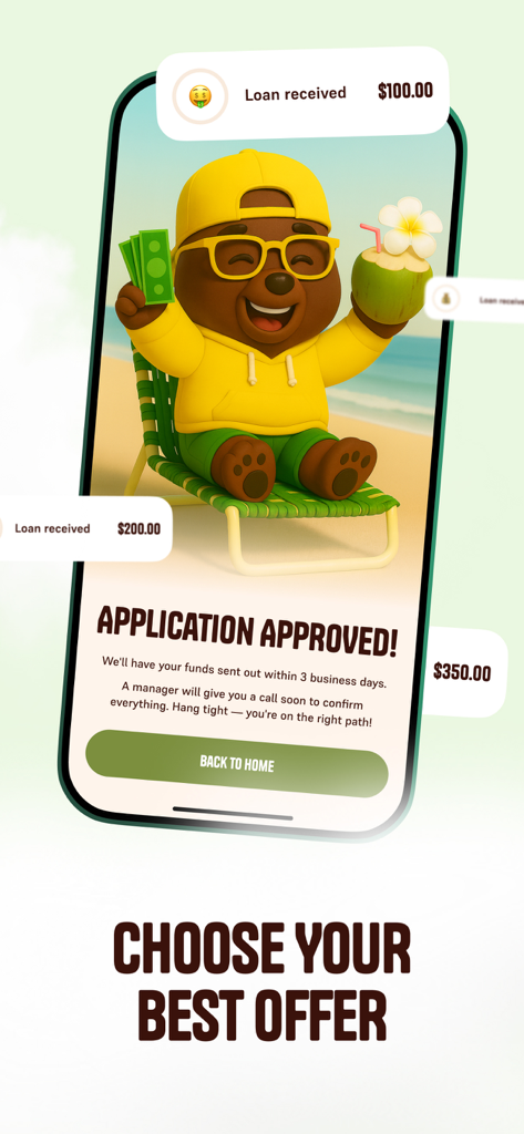 Borrow Money: Wolf Processing - A mobile phone screen showing a loan application approved message with a cartoon bear character holding cash on a beach.