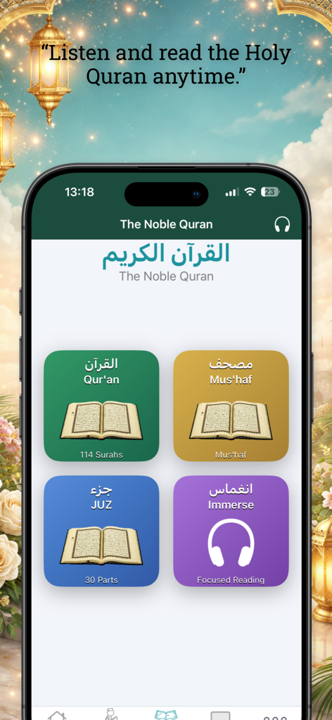 Quran Majeed mobile app screen with reading and listening options