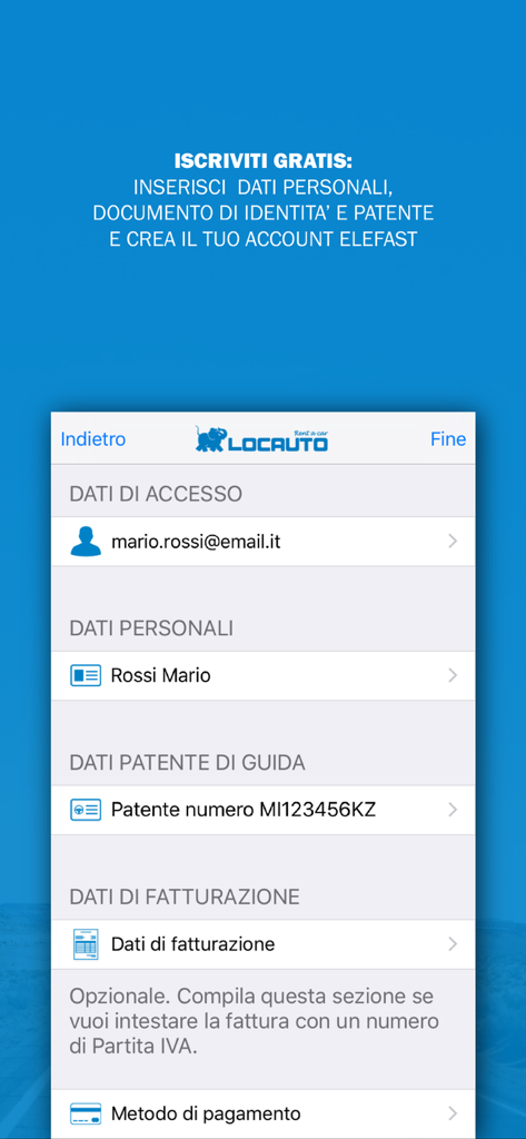 Locauto Rent - Locauto Rent registration screen for creating an Elefast account with personal and driver license details