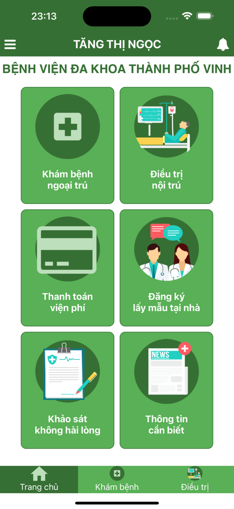 A tela inicial do aplicativo do hospital BVTP Vinh mostrando uma grade de ícones de serviços médicos, incluindo atendimento ambulatorial e pagamentos de taxas.