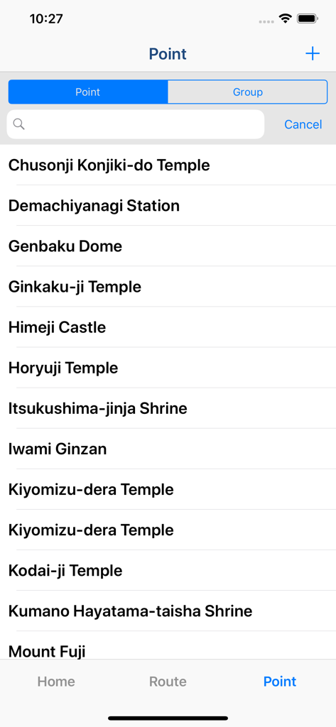 A list of saved destination points in the Route Maker app