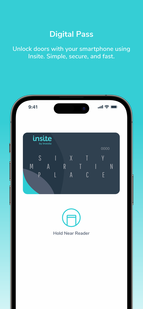 Insite by Investa - Pantalla de la aplicación móvil Insite by Investa que muestra un pase digital utilizado para desbloquear las puertas de la oficina con un smartphone en Sixty Martin Place.