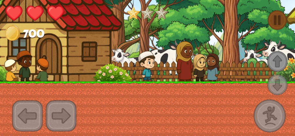 Hamza's Journey - Hamza and other characters in a colorful cartoon village with cows in a 2D platformer game