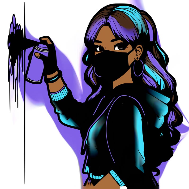 realistic girl with mask spray painting a wall