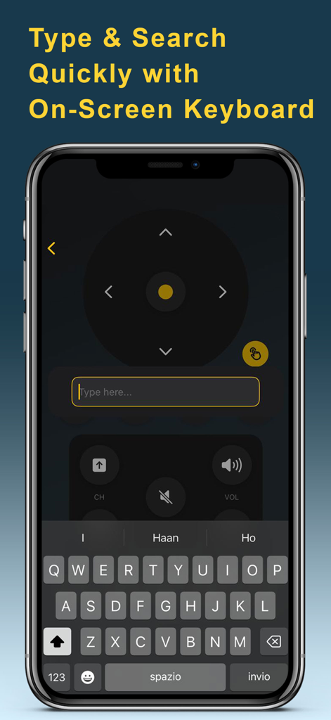 Universal TV remote app interface showing an on-screen keyboard for quick typing and searching on a smart TV.