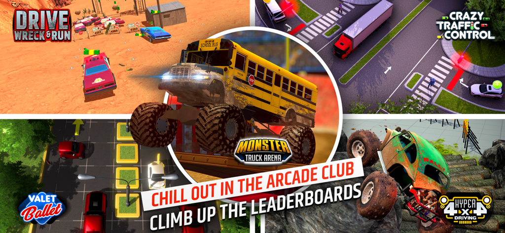 Car Driving School Simulator - Collage de diferentes modos de juego de conducción, incluyendo monster trucks y control de tráfico