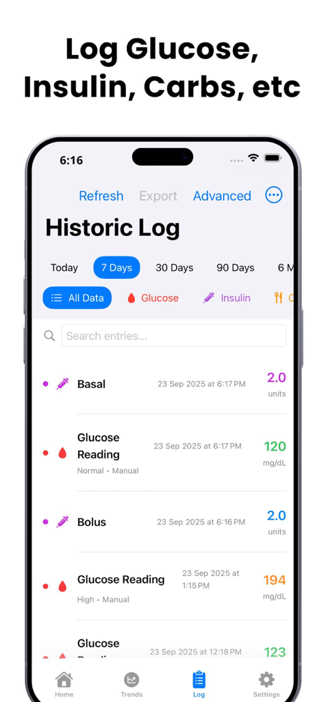 Blood Sugar Monitor & Tracker - Historic log screen of the blood sugar tracker app showing glucose readings and insulin doses.