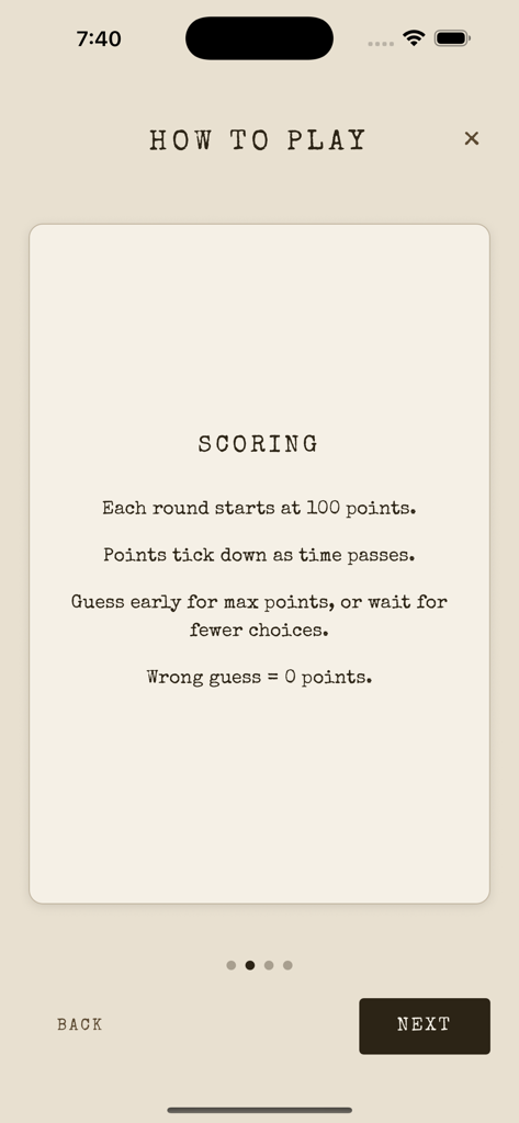 DEFINED. - 미니멀한 타자기 미학을 특징으로 하는 DEFINED. 단어 게임의 채점 지침.