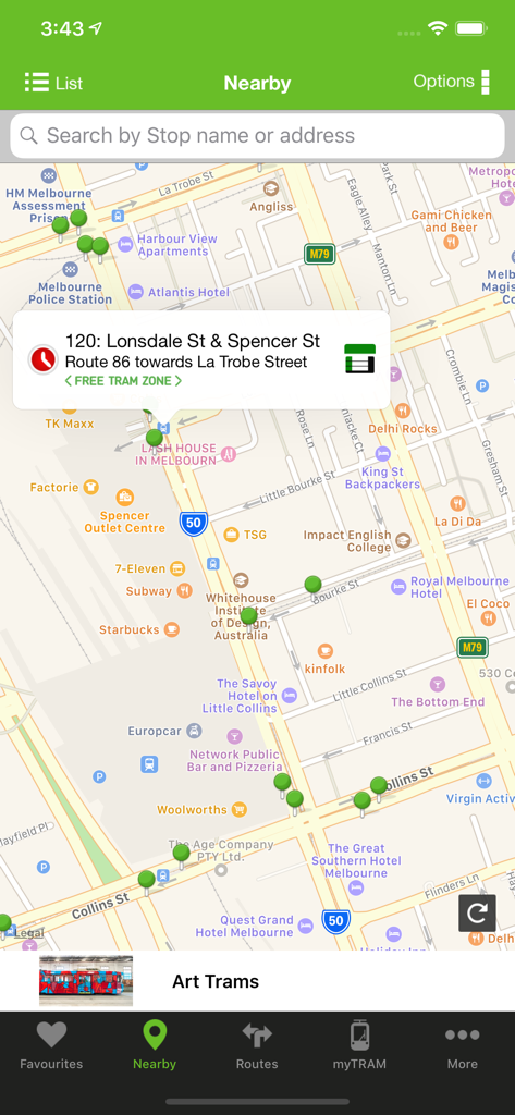 tramTRACKER - Interactive map view in the tramTRACKER app showing nearby tram stops and route details in Melbourne.