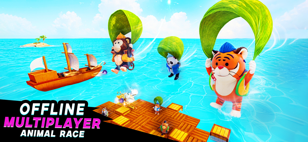 Animal Fall.io - Cute animal characters parachuting with large leaves in an offline racing game over the ocean