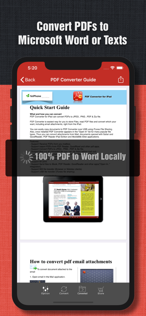 iPhoneでのローカルトキュメント変換のクイックスタートガイドを示すPDF to Wordアプリのスクリーンショット。