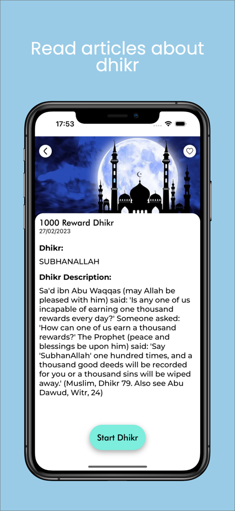 Zikirmatik: Sesli Zikirler - A smartphone screen showing an article about the rewards of reciting Subhanallah within the Zikirmatik app