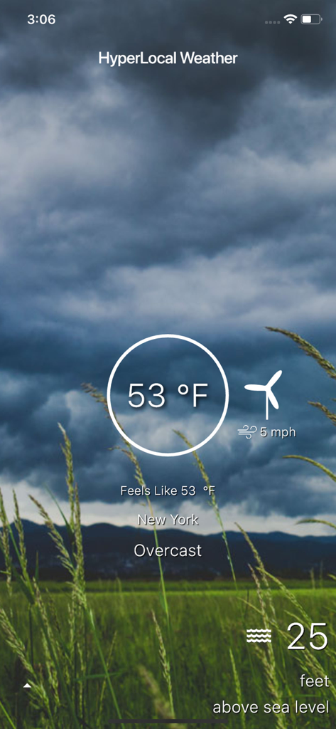Hyper Local Weather - Hyper Local Weather app interface displaying temperature wind speed and elevation in New York