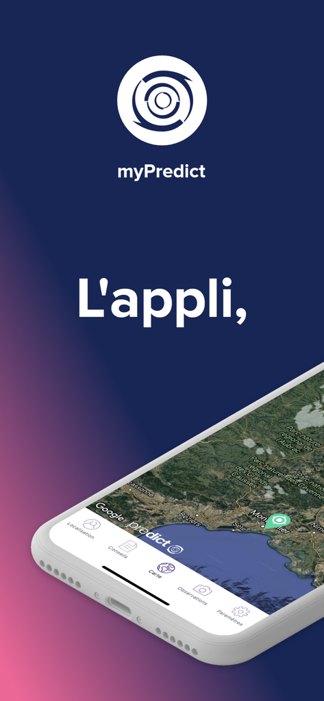 Ein Smartphone, das die myPredict-Wetter-App mit einer Satellitenkarte und einem Navigationsmenü zur Risikoüberwachung zeigt