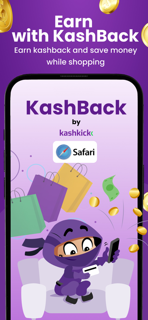 KashKick app screen featuring the KashBack shopping rewards program with a cartoon ninja character.
