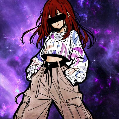anime teen girl with baggy pants and crop top with sweater