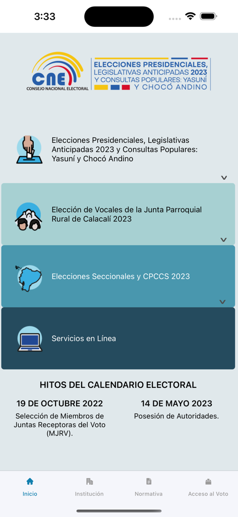 CNE App home screen with election information and menu options