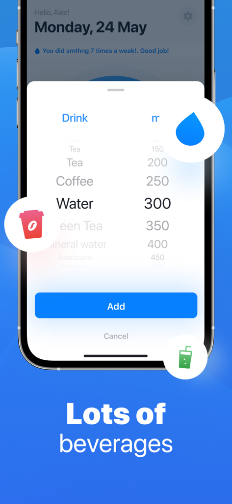 Yuka water tracker app screen for selecting different types of drinks and volumes