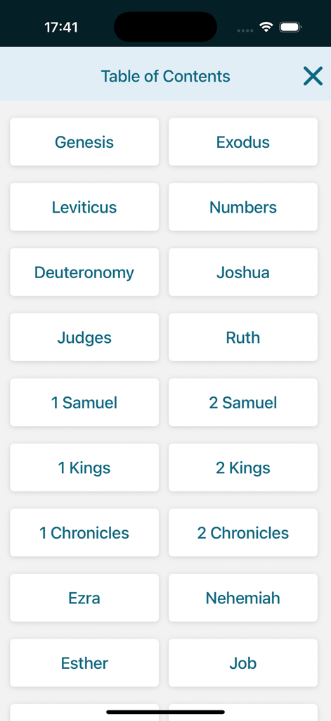 Young's Literal Translation - Youngs Literal TranslationアプリのYoungs Literal Translationアプリの旧約聖書と新約聖書のリストを表示する目次画面