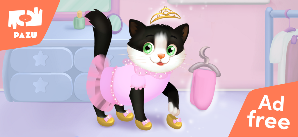 Cat games Pet Care & Dress up - Un chat de type smoking noir et blanc portant un tutu de ballerine rose et une tiare dorée dans un jeu d'habillage pour enfants