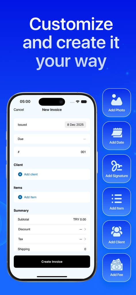 Una pantalla móvil de la aplicación InvoiceGo que muestra el proceso de creación de nuevas facturas con opciones para agregar clientes, artículos y firmas