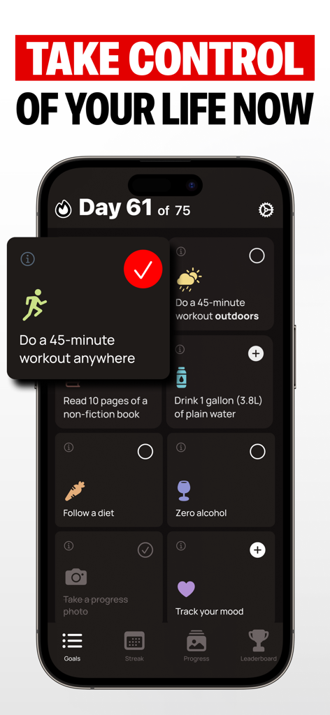 Interface of the 75 Day Challenge app showing daily tasks and habit tracking progress on day 61.