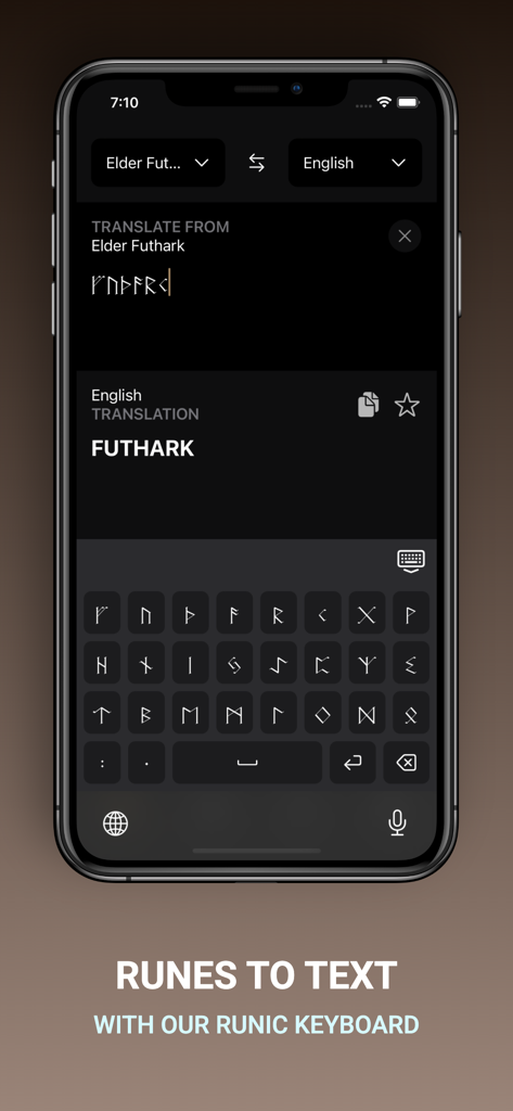 Interfaz de la aplicación Futhark que muestra runas siendo traducidas a texto en inglés con un teclado rúnico personalizado