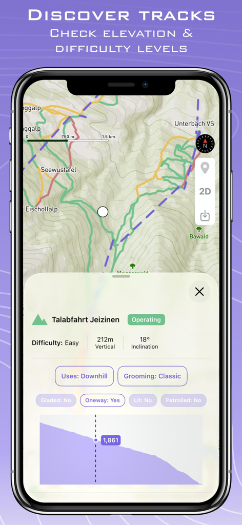 Ski Tracks Lite & GPS Maps - Ski Tracks Lite app displaying a resort map with trail difficulty and elevation statistics.