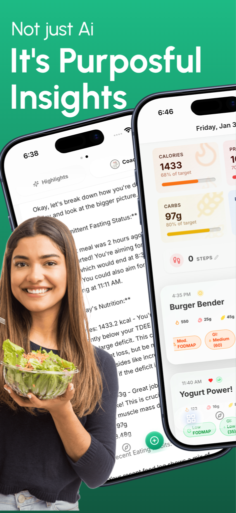 GutCheck: Smart Diet Tracker - Eine Frau hält einen Salat neben Smartphone-Bildschirmen, die die GutCheck-App-Oberfläche mit personalisierten Ernährungs-Einblicken und Mahlzeiten-Tracking zeigen.