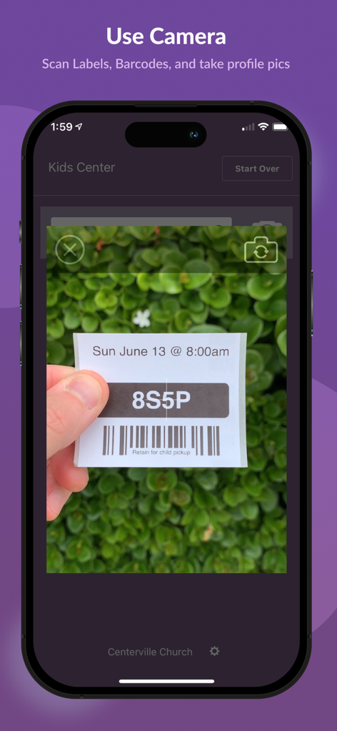 Scanning a secure child pickup barcode label using the Planning Center Check-Ins app camera feature
