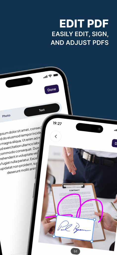 スマートフォンでPDFドキュメントを編集、署名、調整するための機能を表示するモバイルアプリのインターフェース