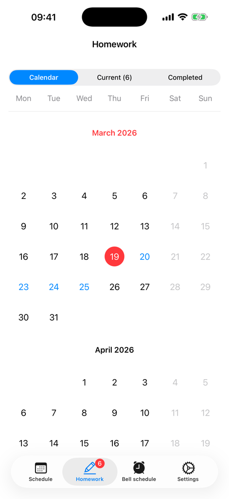 Interface of the School Planner app showing the homework calendar view with dates for March and April 2026.
