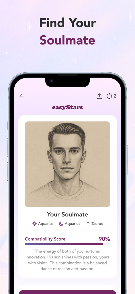easyStars- AI Meets Astrology - Mobile app screen showing an AI generated soulmate portrait with zodiac signs and a ninety percent compatibility score