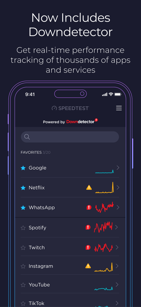Speedtest by Ookla app interface showing real time performance tracking of various services powered by Downdetector