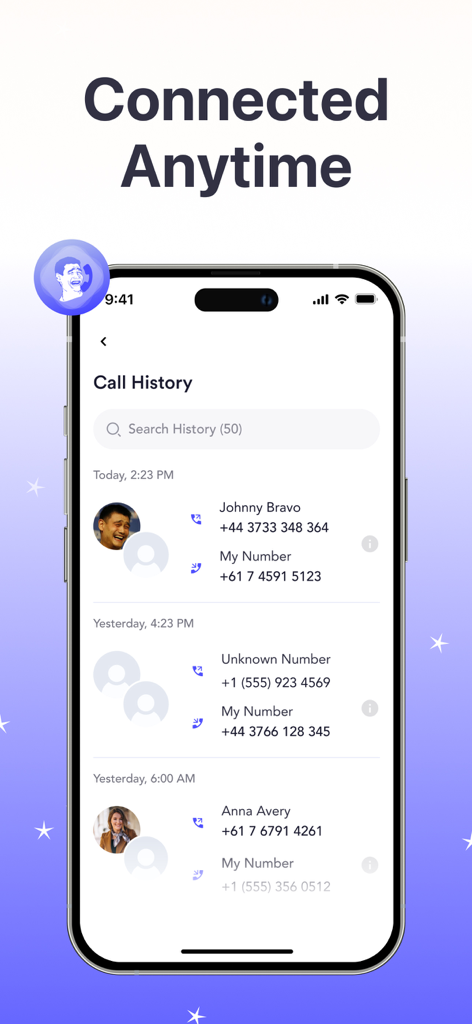 Screenshot of the AnyCall app showing the call history screen on an iPhone