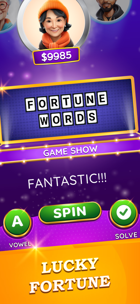 Fortune Words – Lucky Spin - Interface de game show Fortune Words com botão de girar o tabuleiro de palavras e avatar do jogador
