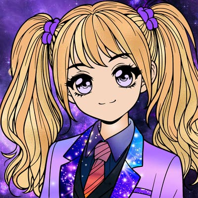 realistic girl with two ponytails and a suit on