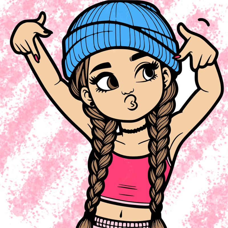 realistic teenage girl with braids and a beanie and crop top doing 🫶🏼