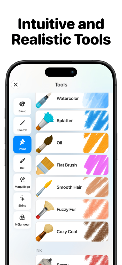 Ein mobiler App-Bildschirm, der intuitive und realistische Malwerkzeuge anzeigt, darunter Aquarell- und Ölfarbpinsel