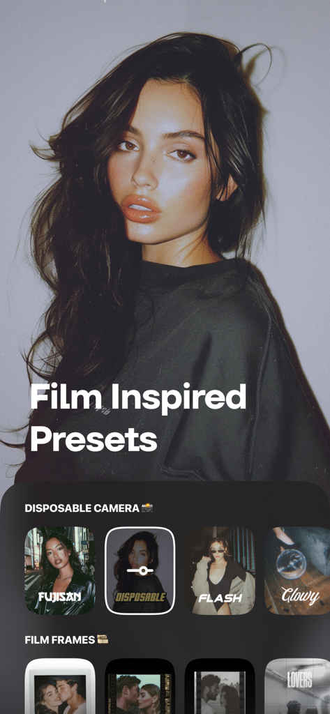 Uplens: Photo & Video Editor - Uplens app interface showing film inspired presets and disposable camera filters for a vintage aesthetic