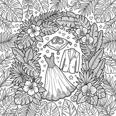 Immerse yourself in the beauty of a tropical wedding with this exquisite coloring page. Featuring an elegant bridal gown, a classic suit, wedding rings, and a frame of lush tropical leaves and exotic flowers, it's perfect for celebrating love.