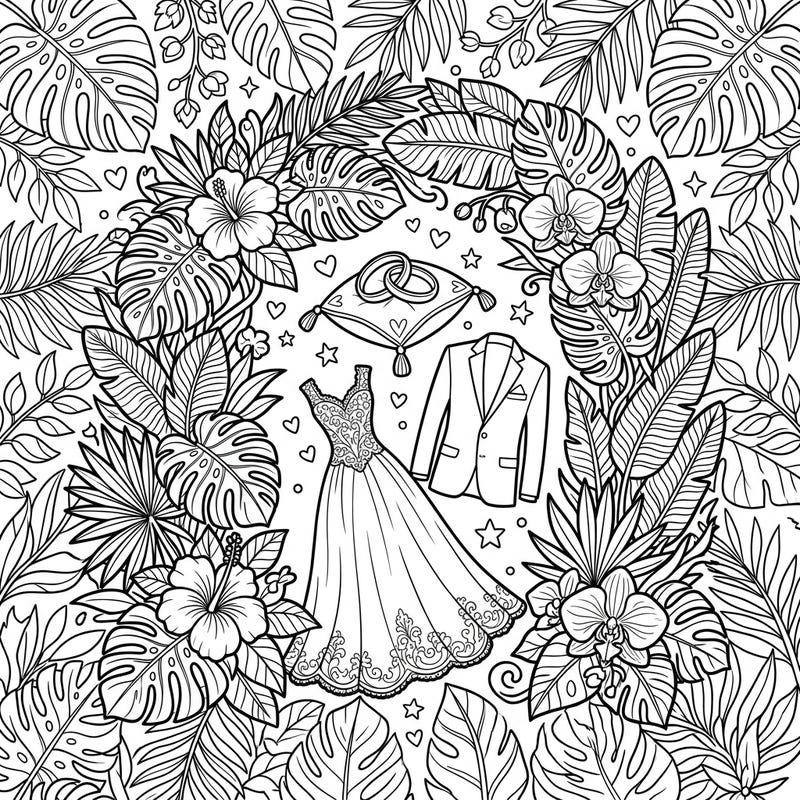 Immerse yourself in the beauty of a tropical wedding with this exquisite coloring page. Featuring an elegant bridal gown, a classic suit, wedding rings, and a frame of lush tropical leaves and exotic flowers, it's perfect for celebrating love.