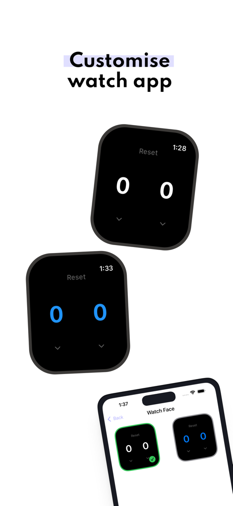 Badminton Score - Track Points - Interface for customizing the Badminton Score app themes on an Apple Watch and iPhone