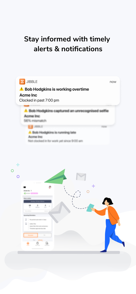 Echtzeit-Mobile Benachrichtigungen über Überstunden von Mitarbeitern und Anwesenheitsalarme in der Jibble App