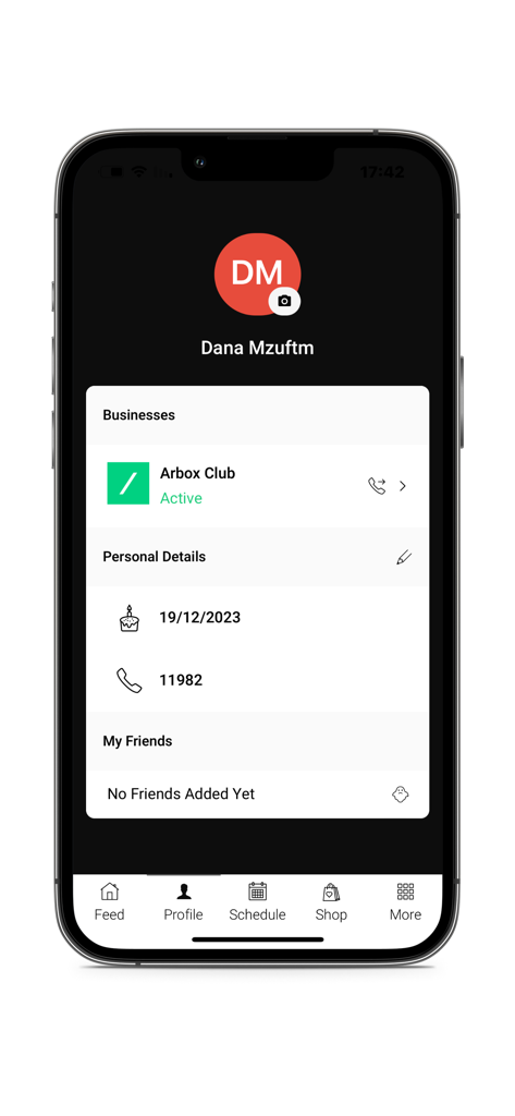 FTV Escola - Tela de perfil do usuário do aplicativo FTV Escola mostrando associação ativa no Arbox Club e detalhes pessoais do membro.