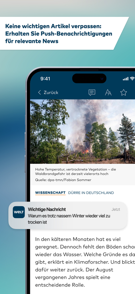 Captura de pantalla de la aplicación WELT News mostrando un teléfono inteligente con artículos de noticias y una alerta de notificación push