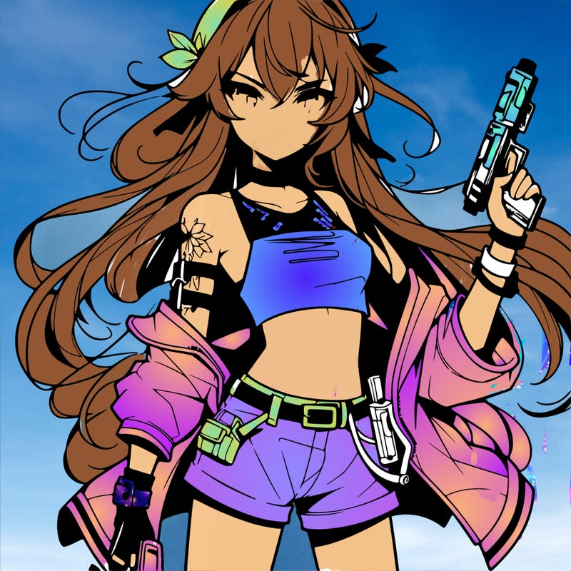 bad girl wearing crop top holding a gun long hair anime