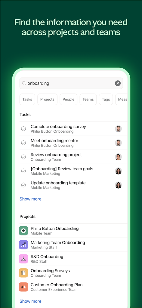 Asana: Work Management - Interface de l'application Asana montrant les résultats de recherche pour les tâches et projets d'intégration