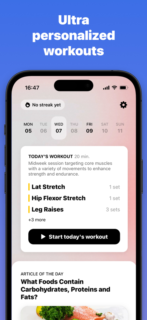 Fit.AI: ultra personal fitness - Interface of the Fit.AI app showing a personalized core workout plan and a daily nutrition article on an iPhone screen.